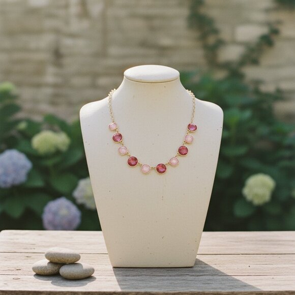 Anthropologie Faceted Glass Beaded Gem Gold Link Necklace NEW Pink Crystals - Picture 5 of 7